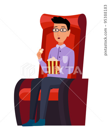 Cinema. Man sitting in chair at movie theater auditorium with pop corn box. Young male watching film or motion picture. Viewer or moviegoer. Flat cartoon vector illustration Cinema. Man sitting in chair at movie theater auditorium with pop corn box. Young male watching film or motion picture. Viewer or moviegoer. Flat cartoon vector illustration 95388183