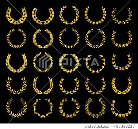 Vintage laurel wreaths set. Collection of different golden silhouette circular signs depicting an award achievement heraldry, nobility, emblem. Laurel wreath award, prize or victory set Vintage laurel wreaths set. Collection of different golden silhouette circular signs depicting an award achievement heraldry, nobility, emblem. Laurel wreath award, prize or victory set 95388225