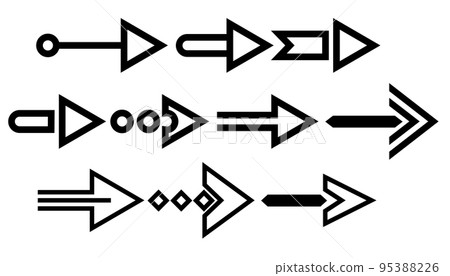Arrows collection in black color on white background for web design, mobile apps, interface. Modern graphic direction signs, cursor icons. Vector arrow different shapes in modern simple flat style 95388226
