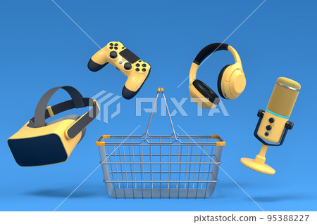 Gamer gears like mouse, keyboard, joystick, headset, VR in metal wire basket Gamer gears like mouse, keyboard, joystick, headset, VR in metal wire basket 95388227