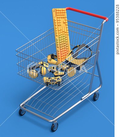 Gamer gears like mouse, keyboard, joystick, headset, VR in shopping carts Gamer gears like mouse, keyboard, joystick, headset, VR in shopping carts 95388228