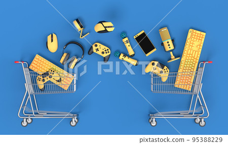 Lying gamer gears like mouse, keyboard, joystick, headset, VR in shopping carts Lying gamer gears like mouse, keyboard, joystick, headset, VR in shopping carts 95388229