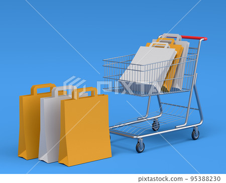 Shopping cart or trolley for groceries with kraft paper bag on blue background Shopping cart or trolley for groceries with kraft paper bag on blue background 95388230