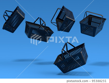 Set of flying plastic basket from supermarket for online shopping on blue Set of flying plastic basket from supermarket for online shopping on blue 95388231