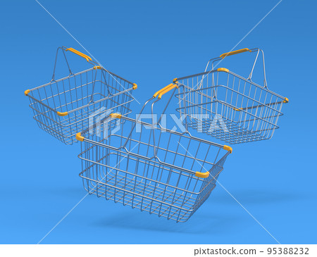Set of flying metal wire basket from supermarket for online shopping on blue Set of flying metal wire basket from supermarket for online shopping on blue 95388232