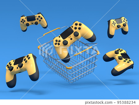 Set of gamer joysticks or gamepads in metal wire basket on blue background Set of gamer joysticks or gamepads in metal wire basket on blue background 95388234