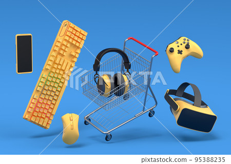 Gamer gears like mouse, keyboard, joystick, headset, VR and shopping carts 95388235