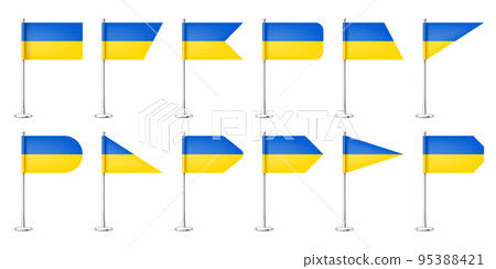 Realistic various Ukrainian table flags on a chrome steel pole. Souvenir from Ukraine. Desk flag made of paper or fabric, shiny metal stand. Mockup for promotion and advertising. Vector illustration Realistic various Ukrainian table flags on a chrome steel pole. Souvenir from Ukraine. Desk flag made of paper or fabric, shiny metal stand. Mockup for promotion and advertising. Vector illustration 95388421