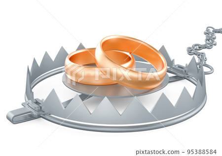 Bear trap with wedding rings, 3D rendering 95388584