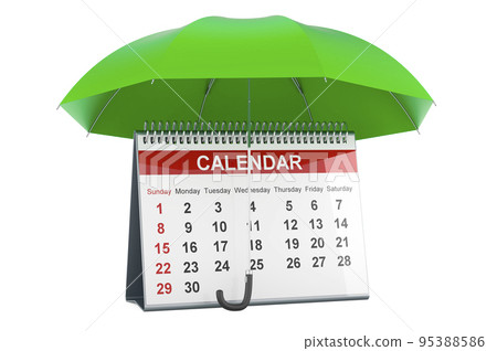 Desk calendar under umbrella, 3D rendering Desk calendar under umbrella, 3D rendering 95388586