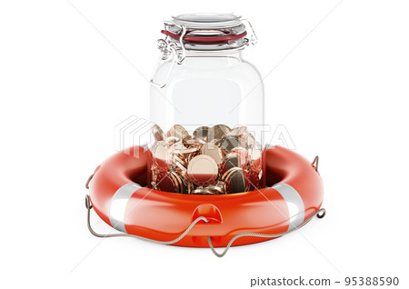 Glass jar with golden coins with lifebelt, 3D rendering Glass jar with golden coins with lifebelt, 3D rendering 95388590