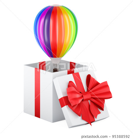 Hot air balloon inside gift box, gift concept. 3D rendering Hot air balloon inside gift box, gift concept. 3D rendering 95388592