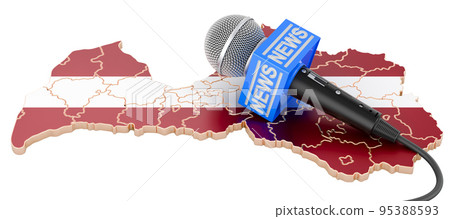 Latvian News concept, microphone news on the map of Latvia. 3D rendering Latvian News concept, microphone news on the map of Latvia. 3D rendering 95388593