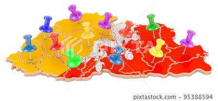 Map of Bhutan with colored push pins, 3D rendering Map of Bhutan with colored push pins, 3D rendering 95388594