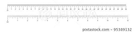 Horizontal scale with 12 inch and 30 centimeter markup and numbers. Measuring charts of metric and imperial unit. Distance, height or length measurement tool templates 95389132