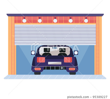 Gates with lifting mechanism, place for automobile parking. Garage, vehicle storage space with car 95389227