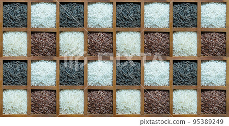 assorted rice black and red pattern stacked in wooden section box assorted rice black and red pattern stacked in wooden section box 95389249