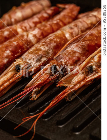 row of large and fresh langoustines closeup culinary tinted pattern row of large and fresh langoustines closeup culinary tinted pattern 95389259