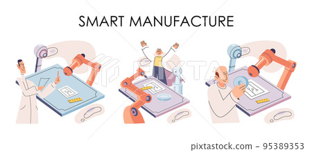 Manufacturing process at automated production industry. Scientist creates robot. Smart industry Manufacturing process at automated production industry. Scientist creates robot. Smart industry 95389353