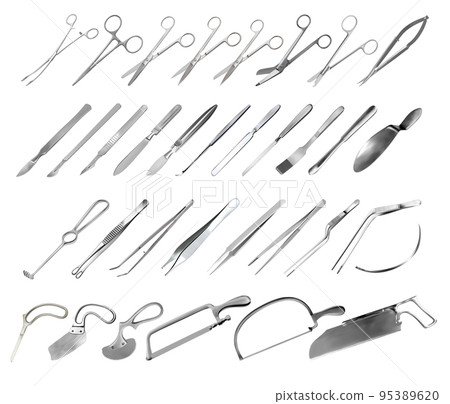 Set of surgical instruments. Tweezers, scalpels, saws, amputation knives, microsurgical forceps and clamps, abdominal spatulas, hook, needle. Scissors of different shapes and purposes. Vector 95389620