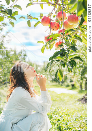 Portrait at the apple farm under the blue sky 95389817