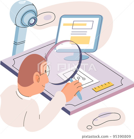 Manager engineer examines machine scheme with loupe. Manufacturing, automated production industry 95390809