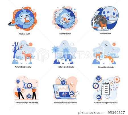 Change climate awareness, saving planet, Mother Earth day, nature biodiversity illustrations set metaphor Change climate awareness, saving planet, Mother Earth day, nature biodiversity illustrations set metaphor 95390827