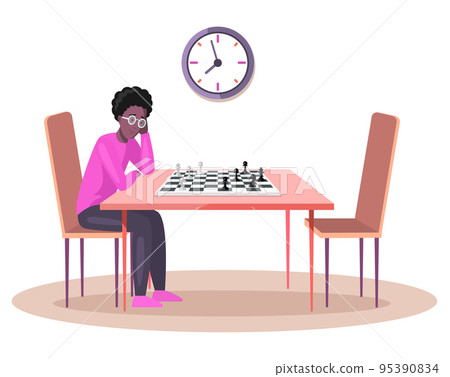 Guy playing chess alone. African man sitting at table in concentrated on strategy in logic game Guy playing chess alone. African man sitting at table in concentrated on strategy in logic game 95390834