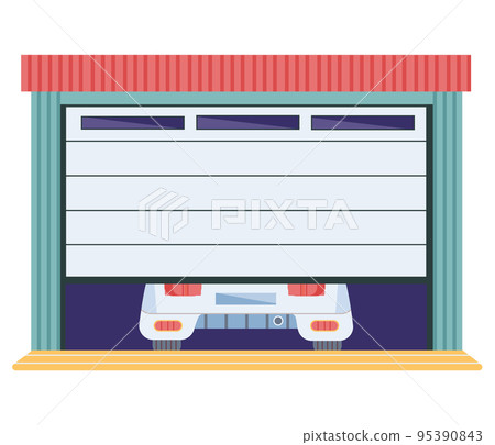 Gates with lifting mechanism, place for automobile parking. Garage, vehicle storage space with car 95390843