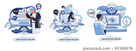 Meditation online metaphor. Practicing yoga, mental exercises. Wellness practice to restore peace of mind Meditation online metaphor. Practicing yoga, mental exercises. Wellness practice to restore peace of mind 95390876