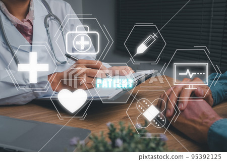 Doctor and patient are discussing something, Healthcare and medically concept, Having Consultation,Medical physician working in hospital writing a prescription 95392125