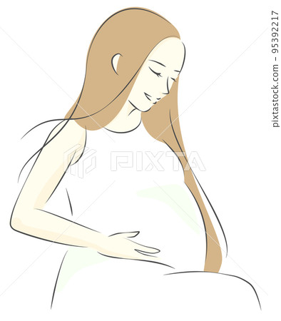 孕婦坐著,微笑著,撫摸著她的肚子 孕婦坐著,微笑著,撫摸著她的肚子 95392217
