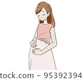 Pregnant woman holding her stomach with her eyes closed 95392394
