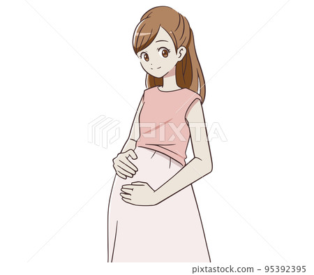 Pregnant woman holding her stomach with a smile 95392395