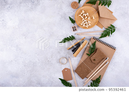 Eco wooden craft stationery. Sustainable life concept Eco wooden craft stationery. Sustainable life concept 95392461
