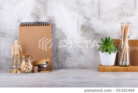 Eco wooden craft stationery. Sustainable life concept 95392494