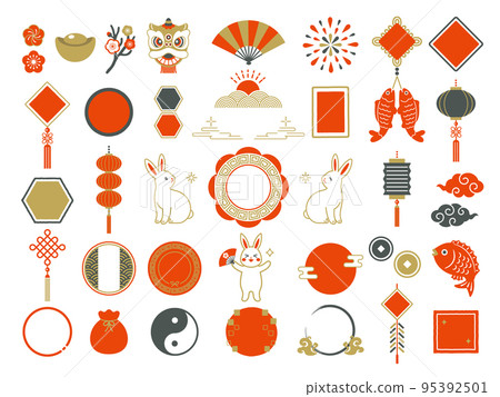 Chinese New Year icon set of rabbit and Chinese style frame 95392501