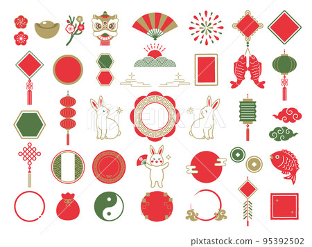Chinese New Year icon set of rabbit and Chinese style frame 95392502