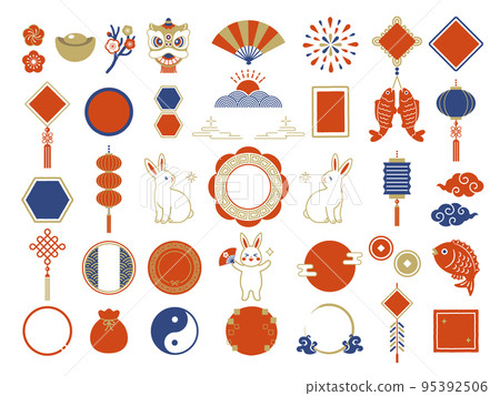 Chinese New Year icon set of rabbit and Chinese style frame 95392506