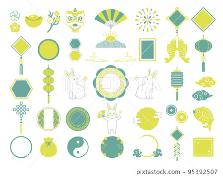Chinese New Year icon set of rabbit and Chinese style frame 95392507