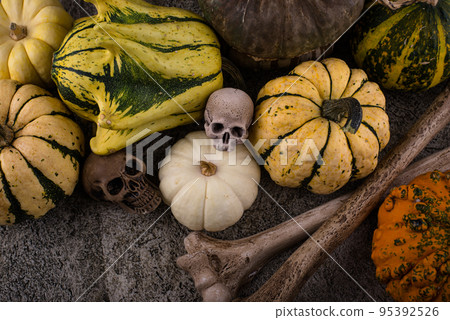 Halloween still life with pumpkin and skull 95392526