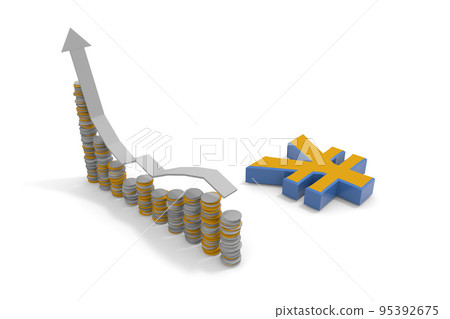 Yen depreciates. Represented by a bar graph of money. Three-dimensional ¥ character. Weak yen and strong dollar. 95392675