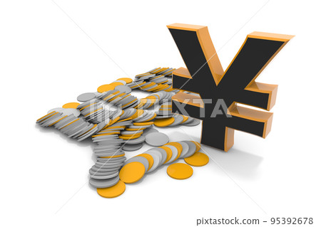 A lot of money and a three-dimensional ¥ character. Yen depreciates. Weak yen and strong dollar. 95392678