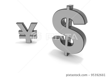 Three-dimensional ¥ character. Solid $ character. Yen depreciates. Weak yen and strong dollar. 95392681