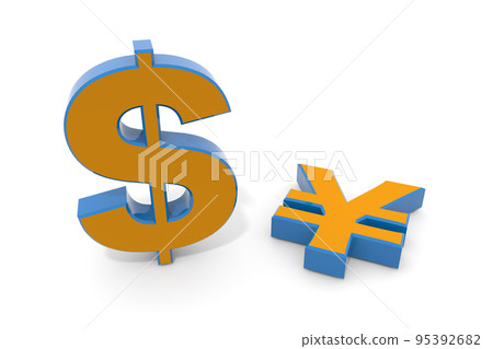 Three-dimensional ¥ character. Solid $ character. Yen depreciates. Weak yen and strong dollar. 95392682