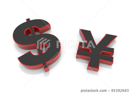 Three-dimensional ¥ character. Solid $ character. Yen depreciates. Weak yen and strong dollar. 95392683