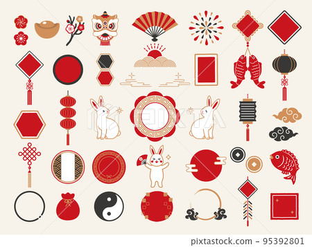 Chinese New Year icon set of rabbit and Chinese style frame 95392801