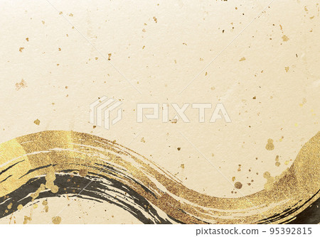Fluid gold brush line drawing and golden Japanese paper background 95392815