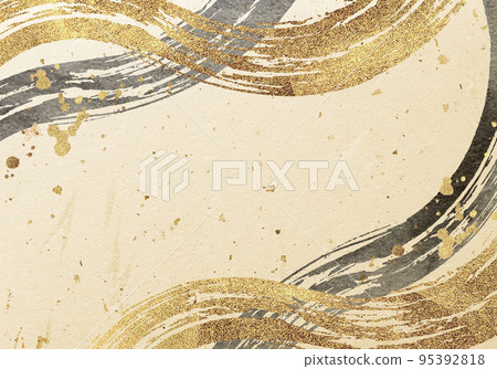 Gold ink lines against a background of golden Japanese paper 95392818