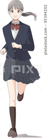 一名馬尾辮女學生的全身插圖，戴著西裝外套，帶著微笑奔跑 95394202